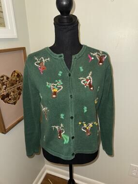 Kobe Girl Cardigan Sweater Size Large 14 Green Reindeer Holiday Christmas Ugly